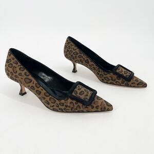 Manolo Blahnik Leopard Calfskin Suede Maysale Buckle Kitten Heel Pumps IT 39